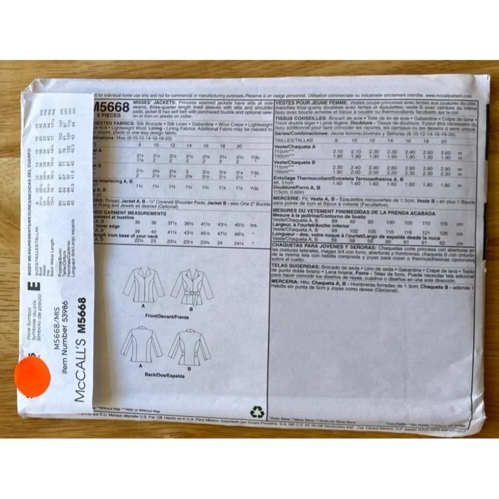 McCall # M5668 Jacket Sewing Pattern Size 8 - 20 sku 0279 UNCUT